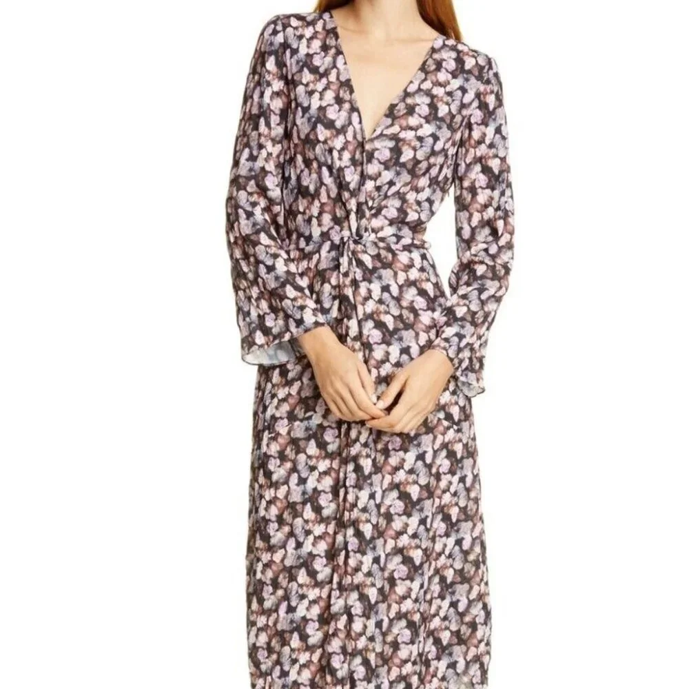 Vince Esme V-Neck Long Sleeve Micro Painted Floral Twist Drape Midi Dress Sz 14 - Picture 5 of 12